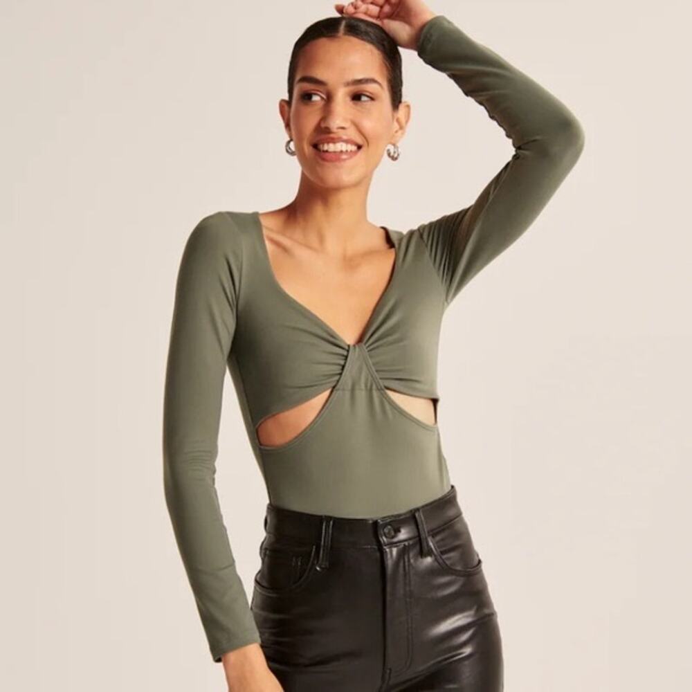 Abercrombie Olive Green Twist Front Deep V Bodysuit